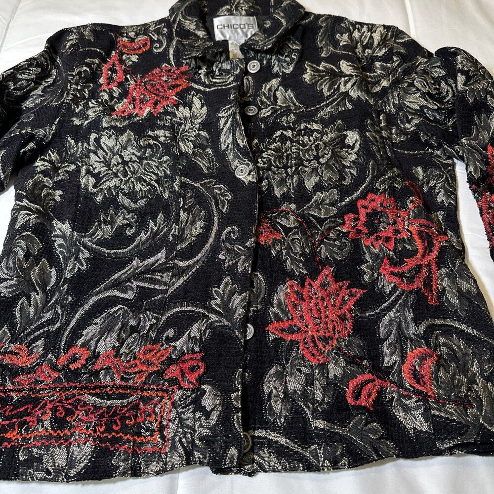 Women’s Chicos Embroidered Beaded Black Gold Red Blazer Jacket Career Size 1 - Picture 10 of 14